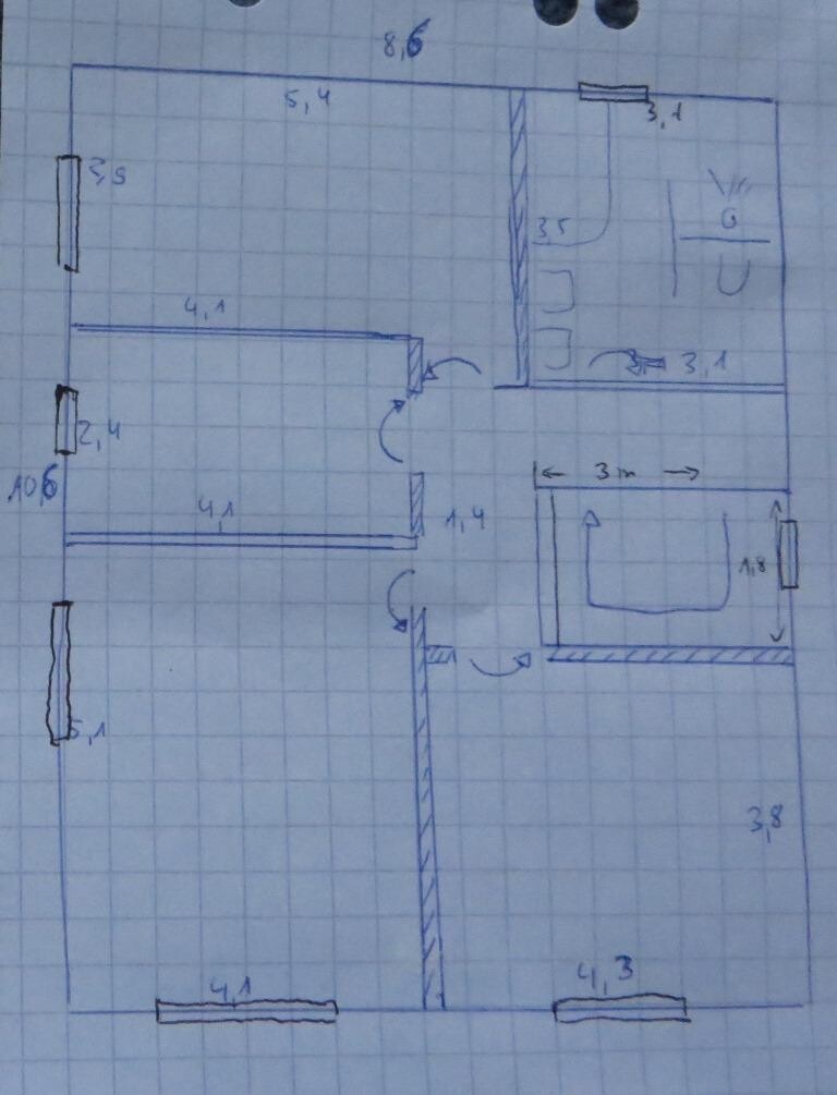 Hand-drawn floor plan sketch of a residential house with rooms, doors, and dimensions.