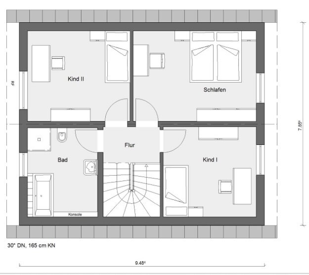 Floor plan of an upper floor: hallway with stairs, two children’s rooms (Child I/II), bedroom, and bathroom.