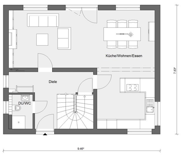 Ground floor plan: entrance hall with stairs, living room on the left, kitchen/living/dining area on the right, shower/WC.