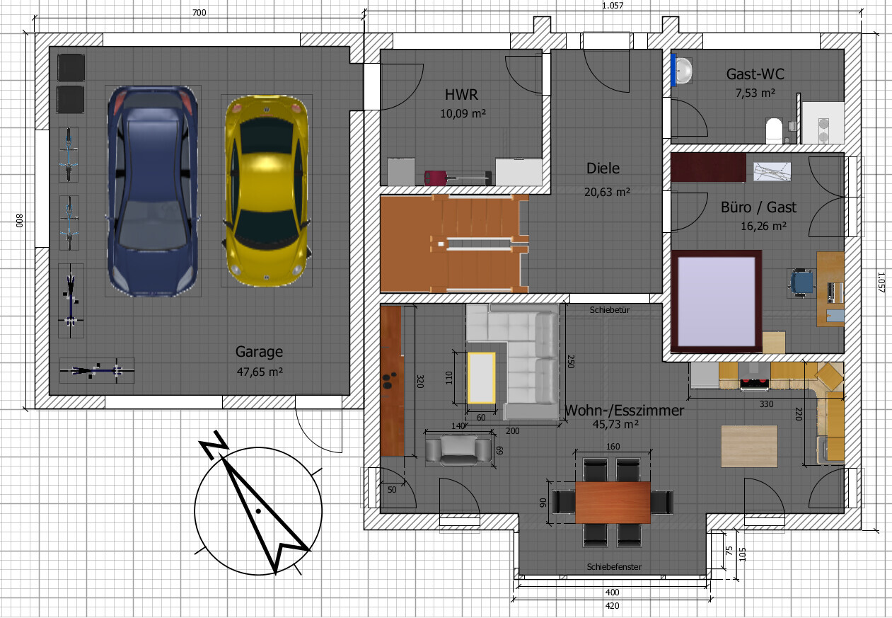 Floor plan: Garage with two cars, living/dining room, kitchen, office, guest toilet, hallway, utility room.
