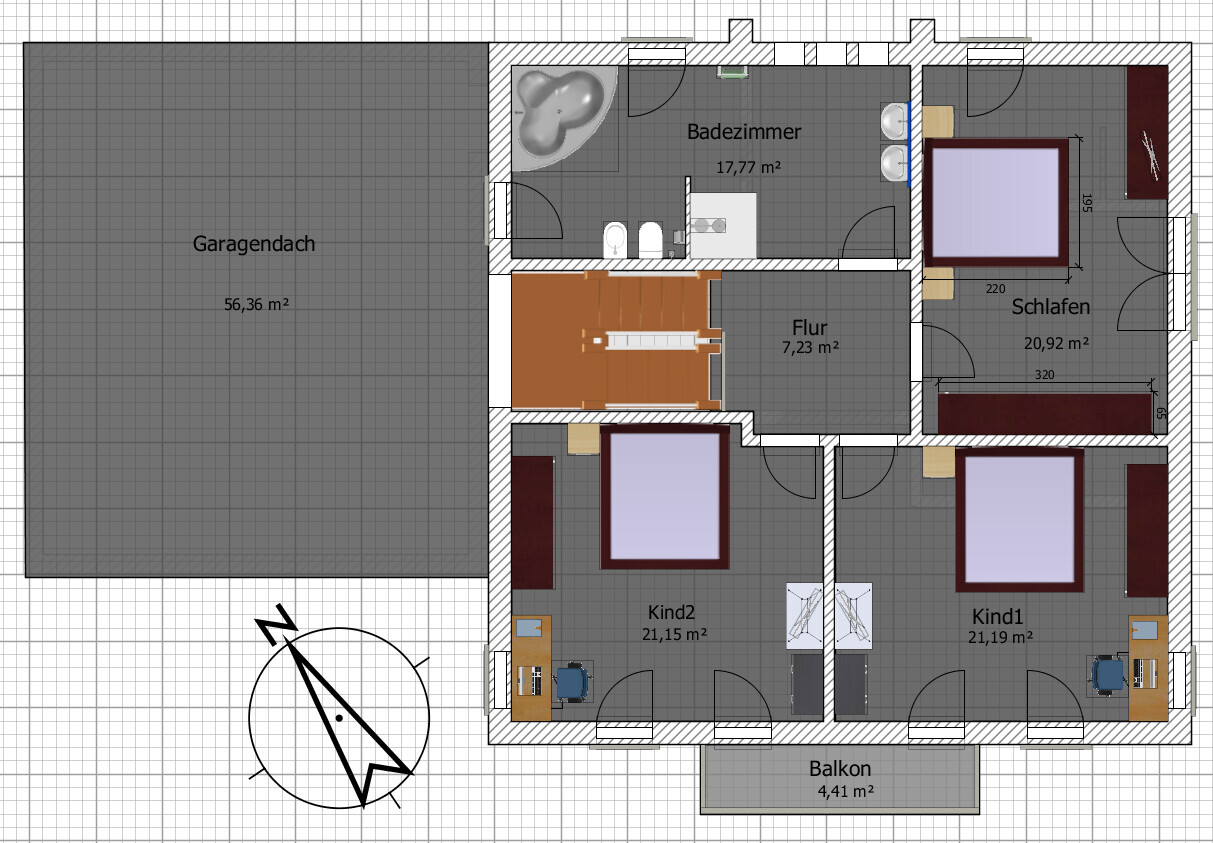 Floor plan of a house: garage, bathroom, corridor, bedroom, child 1, child 2, balcony.