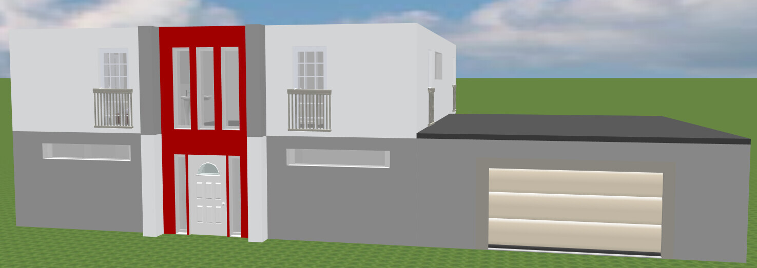Modern house with red entrance frame, white facades, two balconies and large garage.