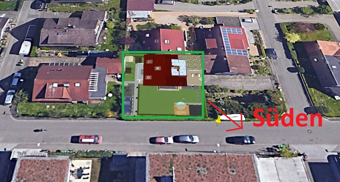 Aerial view: central house outlined in green; street with cars; south marked.
