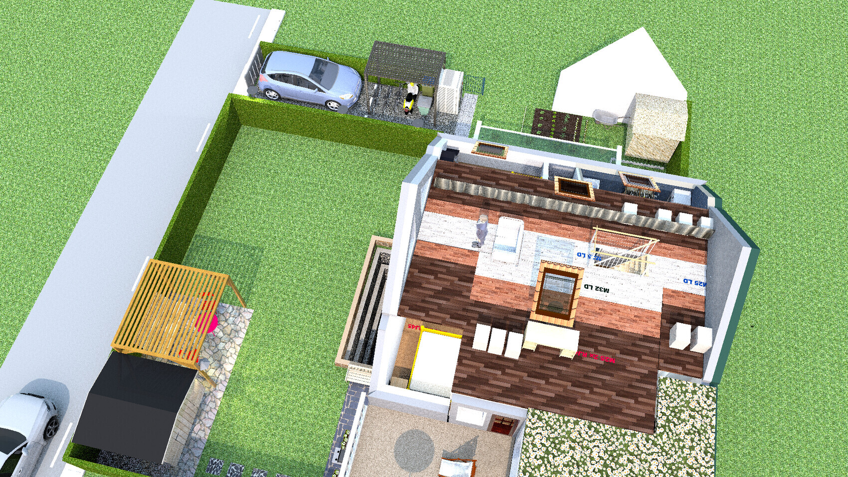 Top view of a house: garden, driveway with car, terrace, and interior with wooden floor.