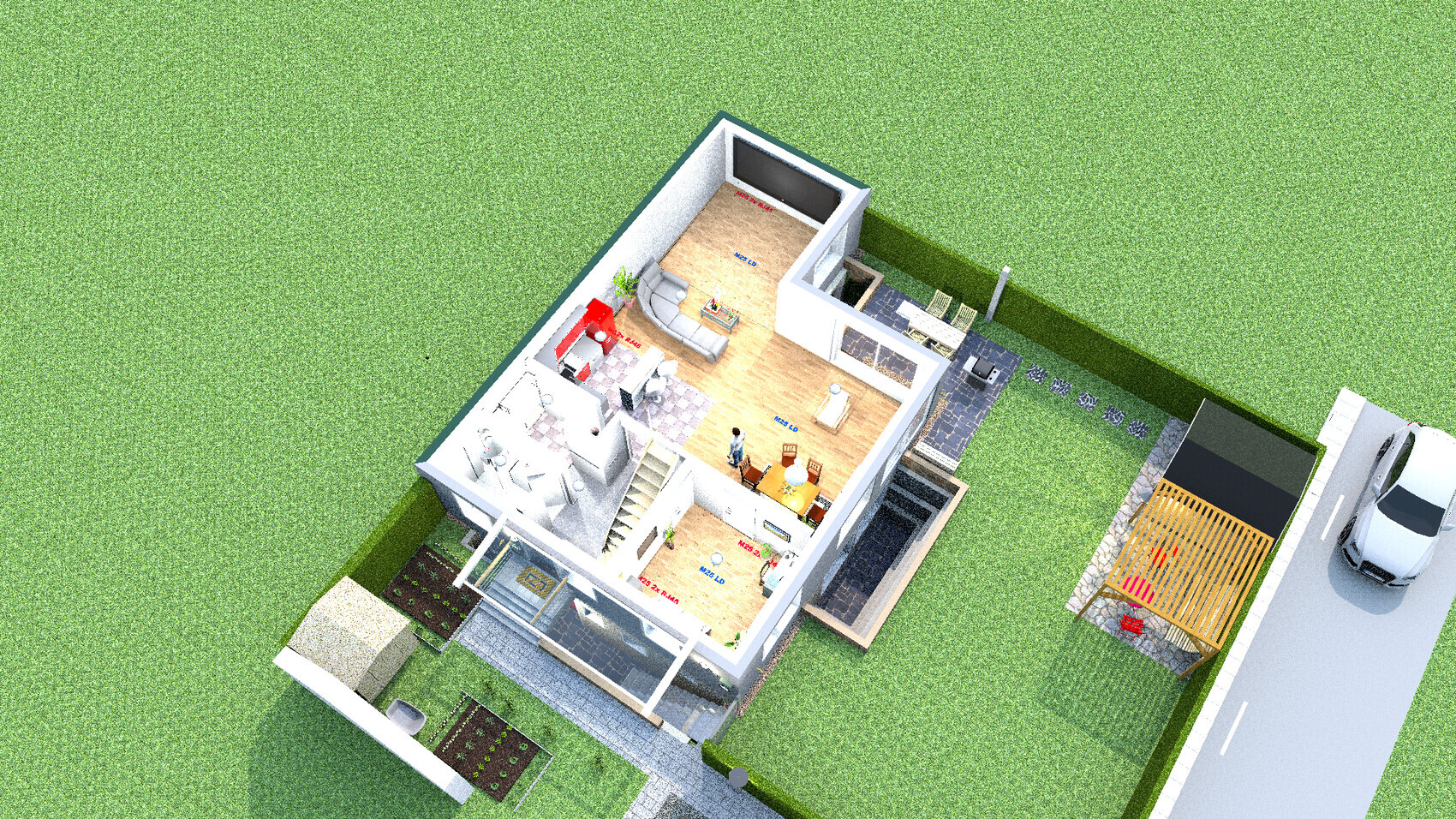 Isometric floor plan of a house: living room, kitchen, terrace, garden, car in front of house.