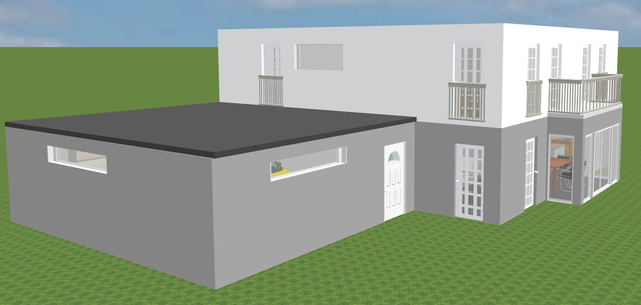 Modern two-story house with gray annex, white facades, glass fronts and balconies.