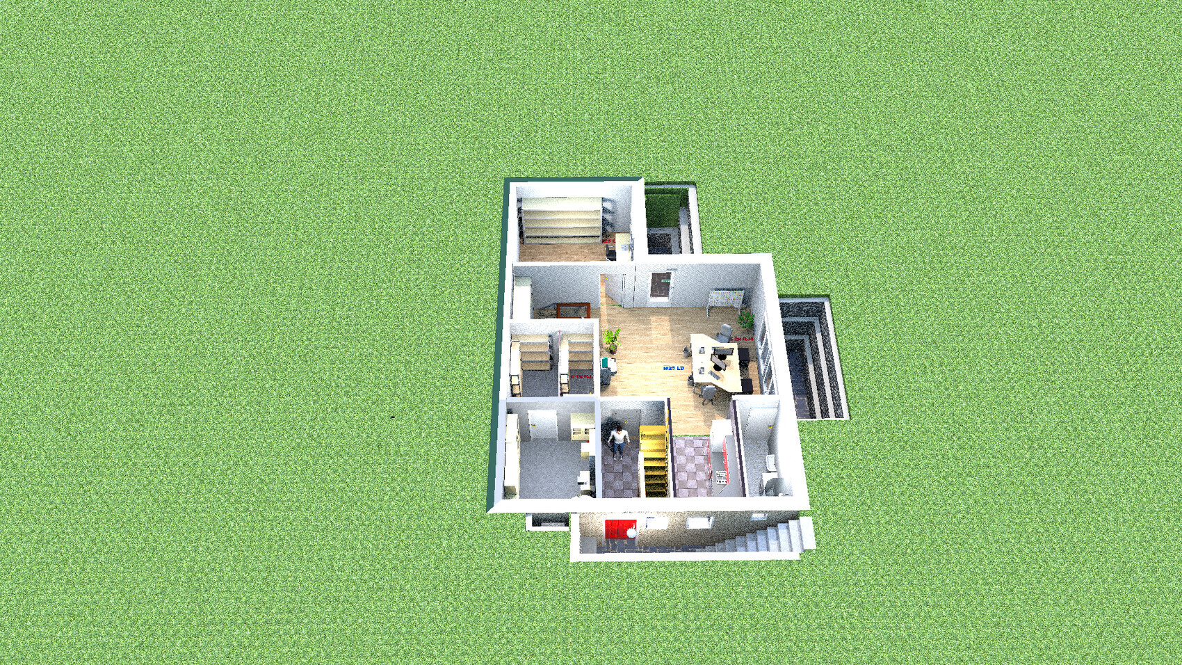 Isometric house floor plan showing living room, kitchen, bedroom, bathroom, and staircase.