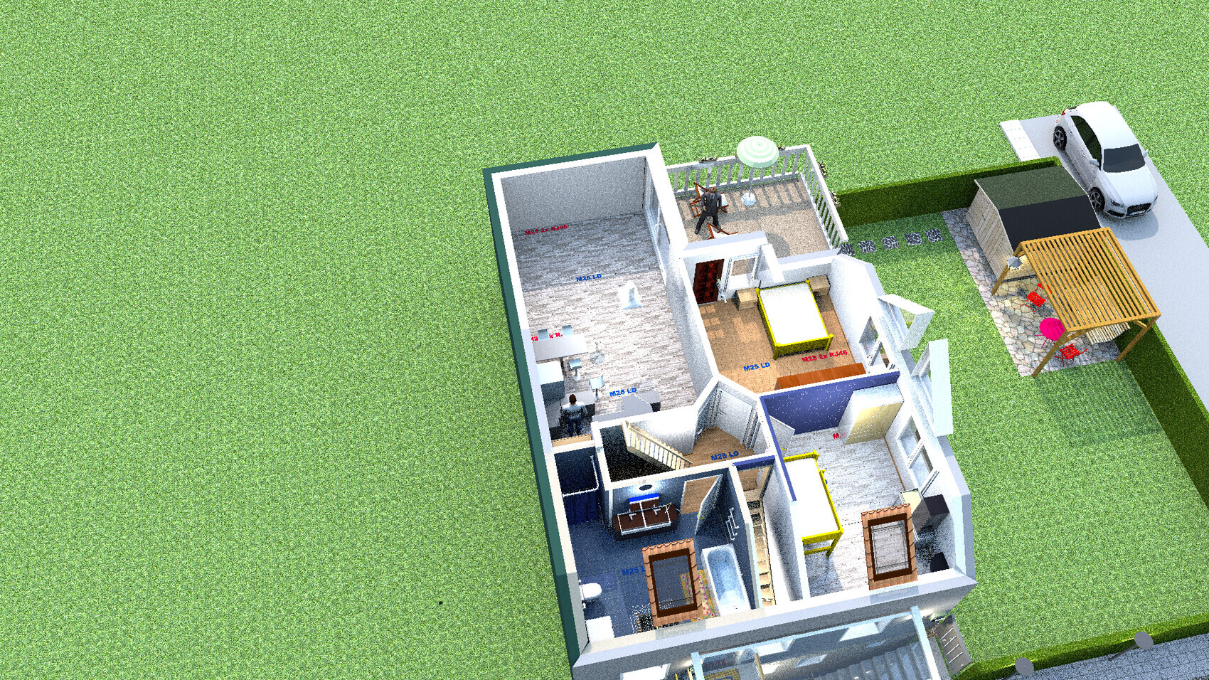 Isometric top view of a residential building with garden, terrace, and car; interior visible.