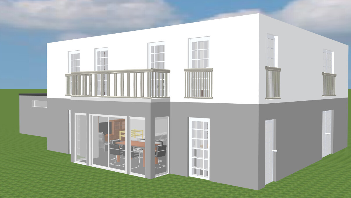 Two-story house model with balcony, glass fronts and interior visible.