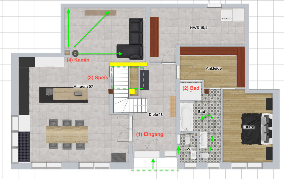 Floor plan: Entrance, Kitchen, Dining, Living room with fireplace, Stairs, Pantry, Bath/WC, Master bedroom, Utility room