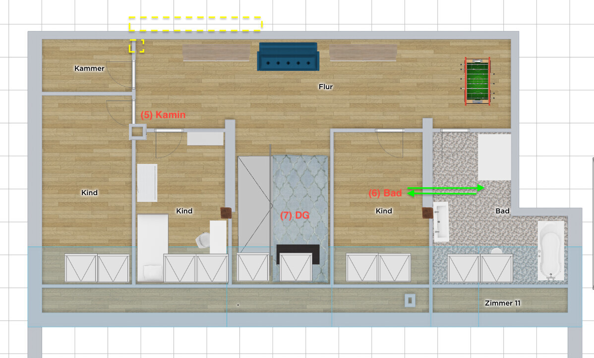 Floor plan of an attic: hallway, sofa, fireplace, children’s room, storage room, and bathroom.