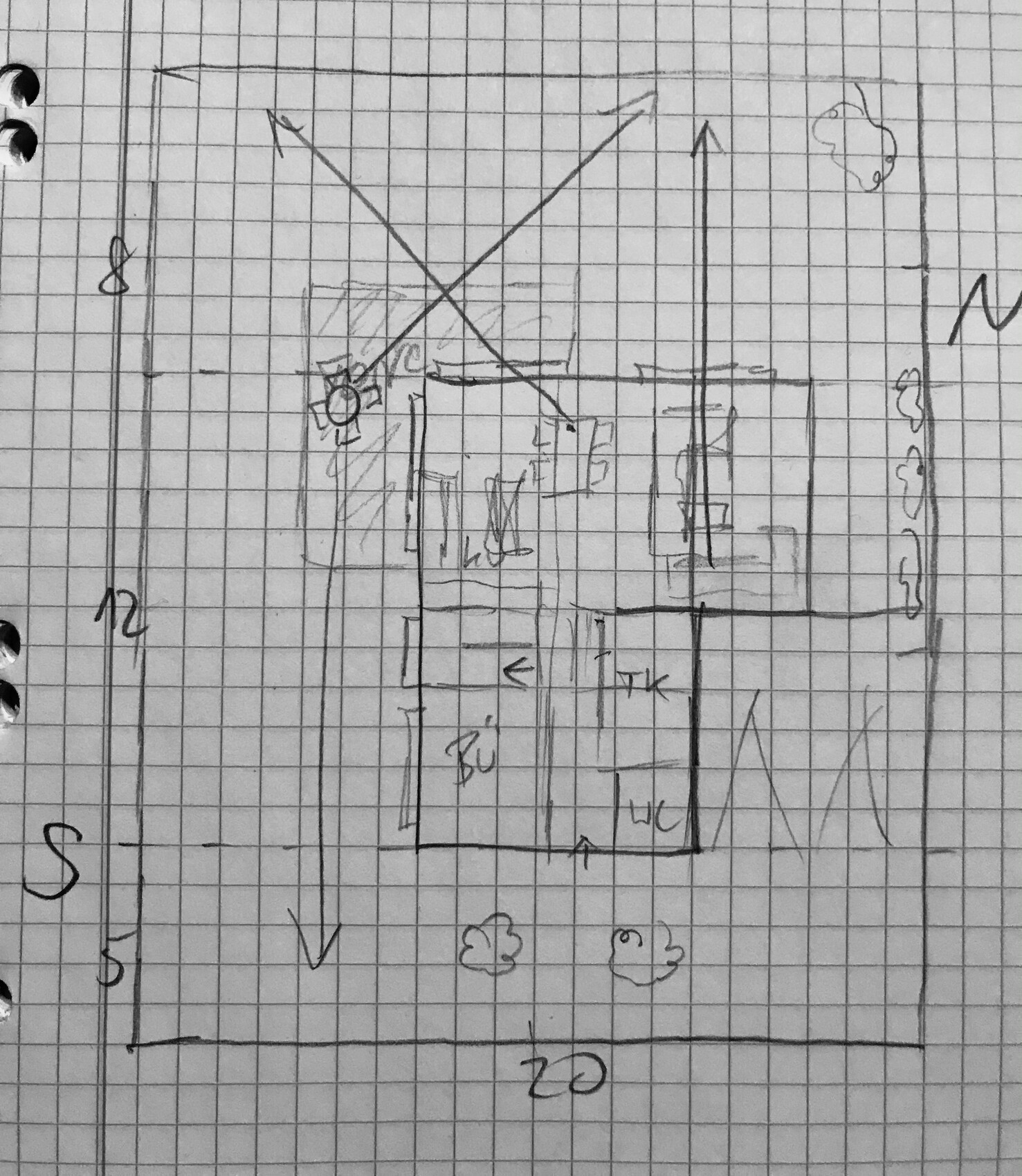 Hand-drawn floor plan sketch on graph paper with rooms, doors, dimension lines, and surrounding environment.
