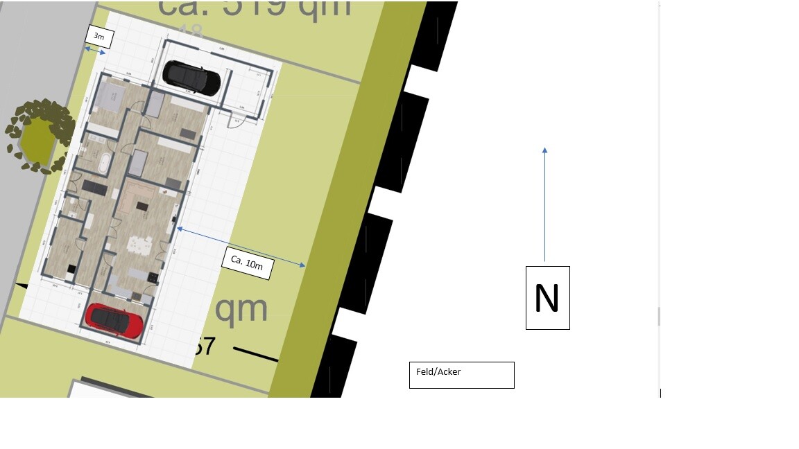 Top-Down floor plan of a house with two garages, interior rooms, garden area, and measurements.