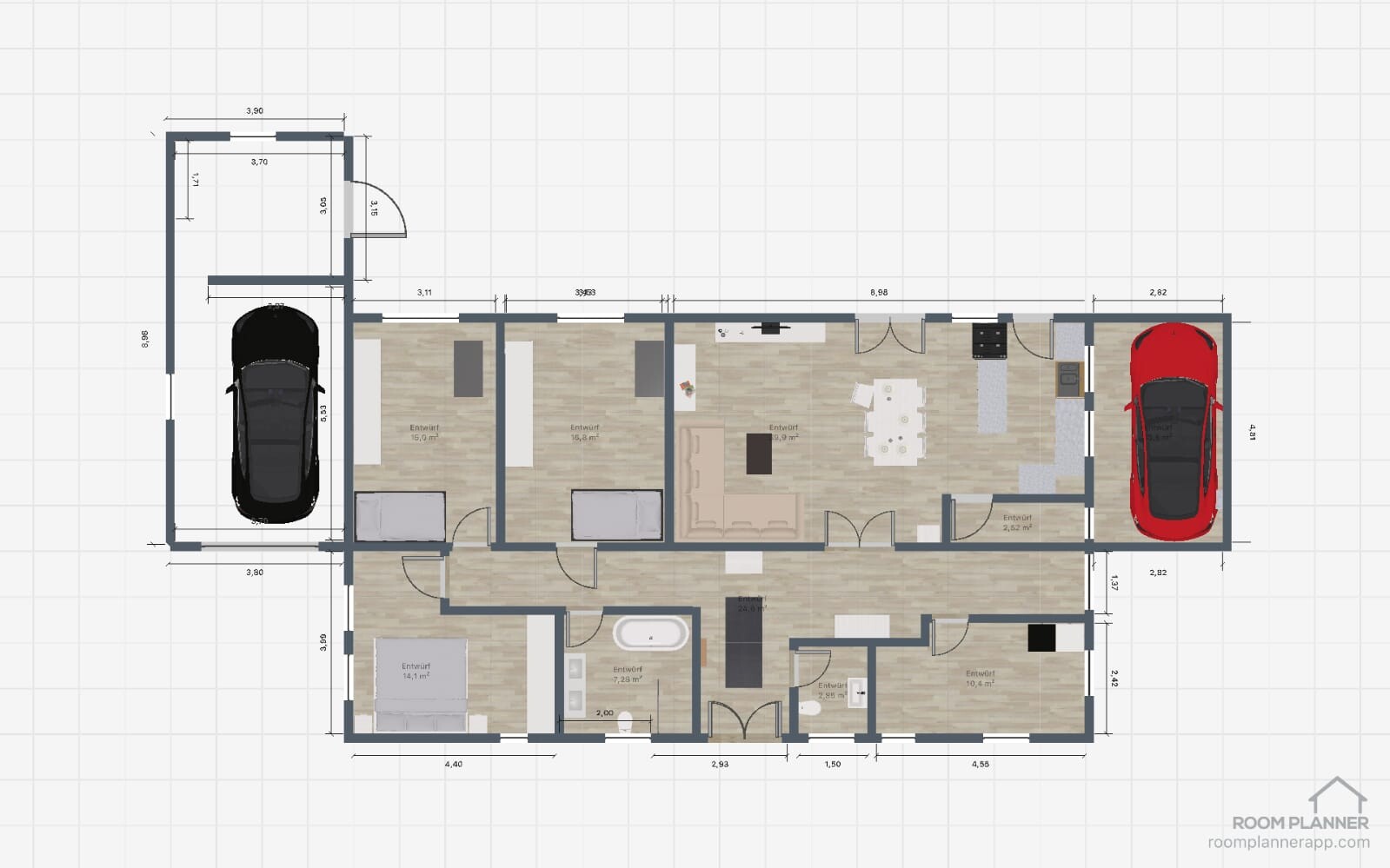 Floor plan of a house with two garages, open kitchen, living room, and bedrooms.