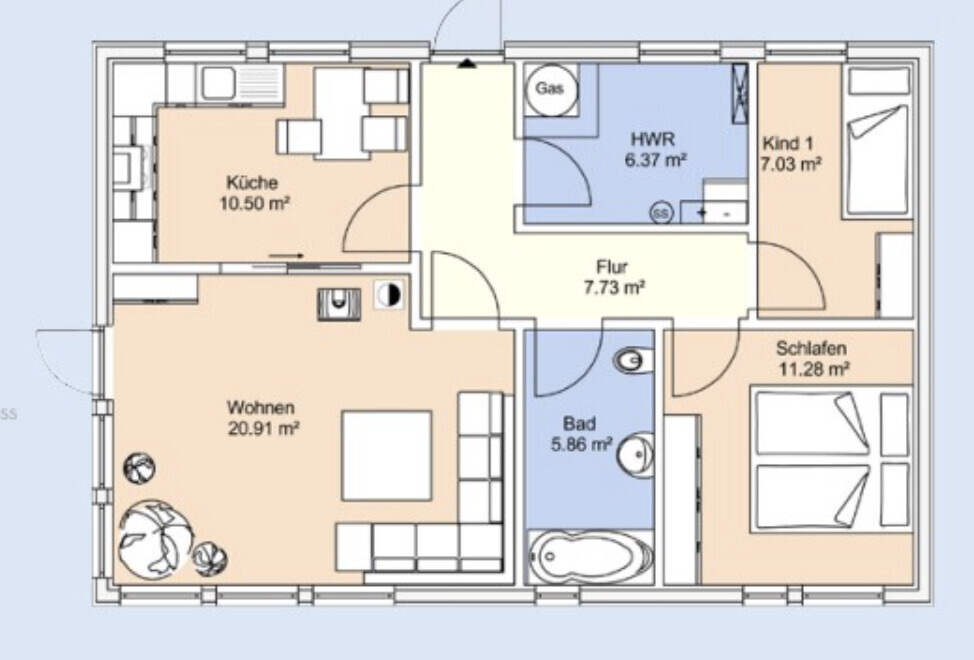 Grundriss einer Wohnung mit Küche, Wohnen, Flur, Bad, Schlafen, Kind 1 und HWR.