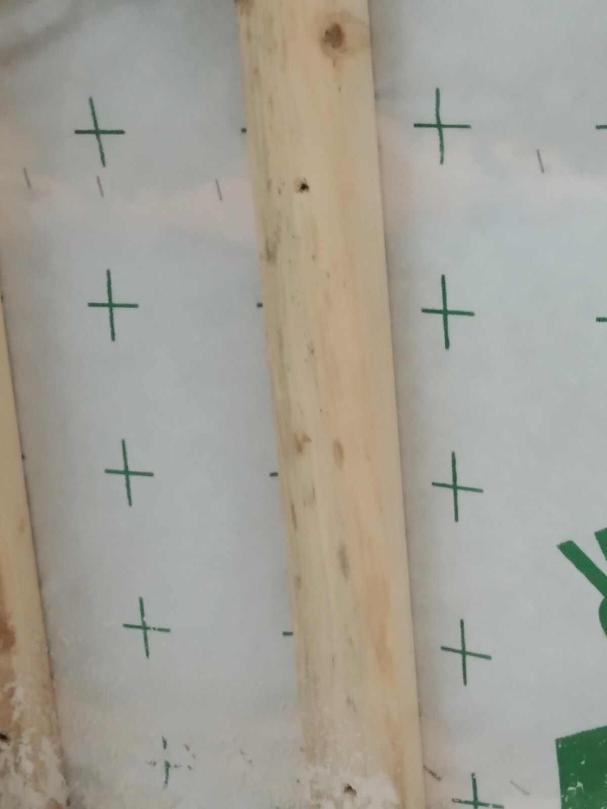 Zwei vertikale Holzbalken vor einer weißen Unterlage mit grünen Pluszeichen, Baustellenszene.