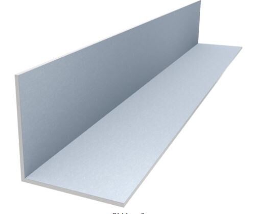 Grey metal angle profile, L-shaped with vertical and horizontal flanges, perspective.