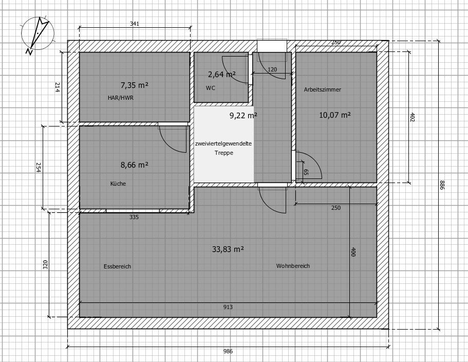 Floor plan of a house with large living/dining area, kitchen, study, WC, hallway, and stairs.