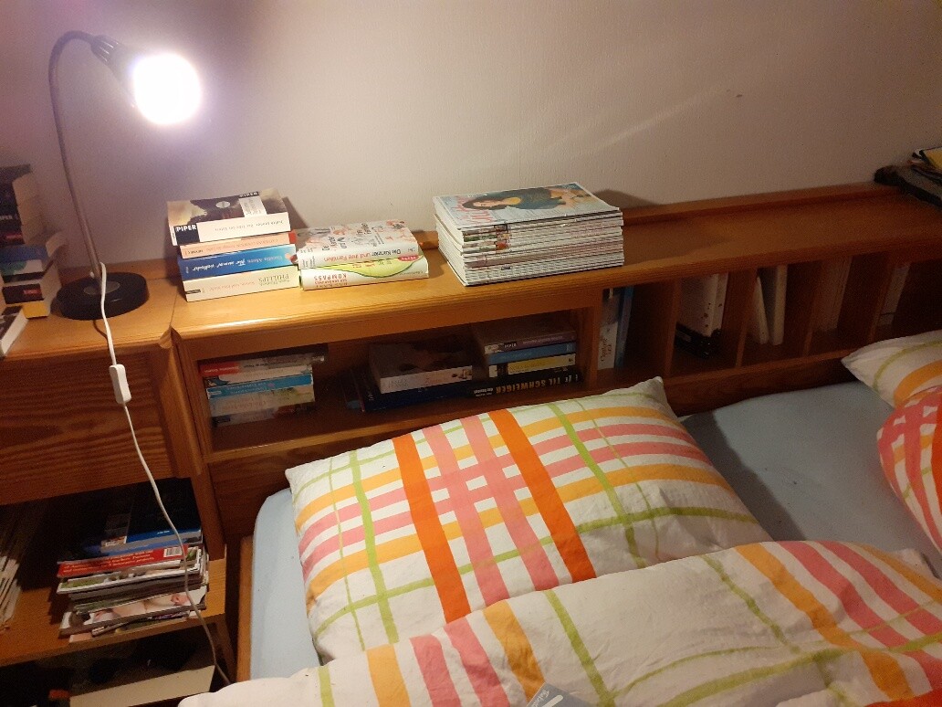 Wooden shelf with books, reading lamp on the left, bed with colorful pillows