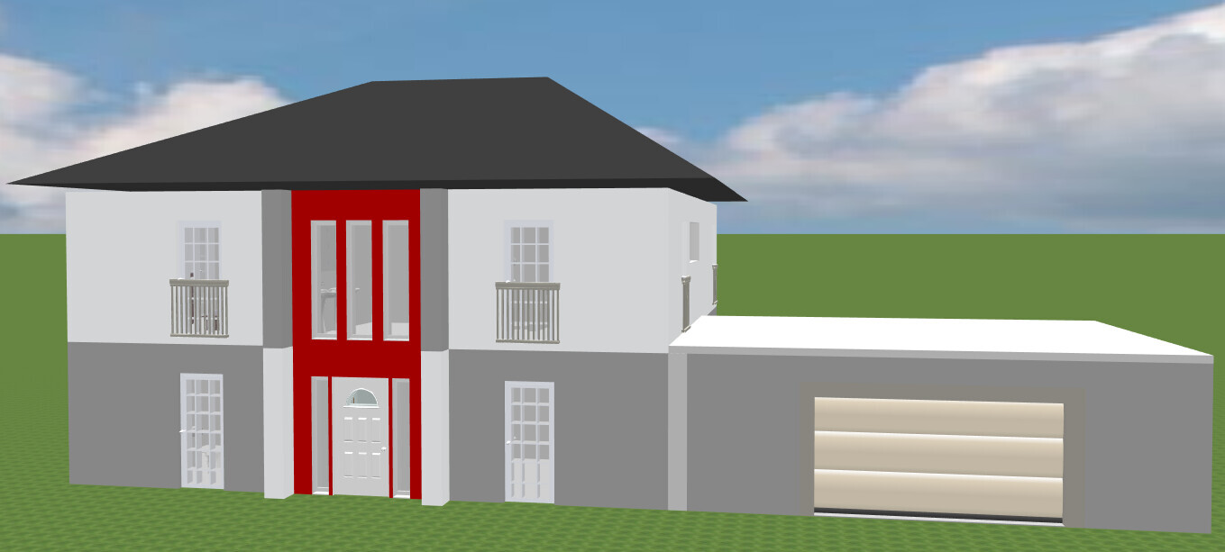 Moderne zweistöckige Villa mit rotem Eingangsbereich, großen Fenstern und Garage