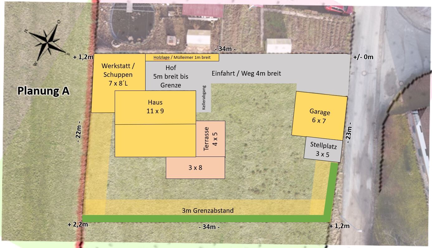 Plan A: Site plan with house, workshop, terrace, courtyard, garage, and parking space.