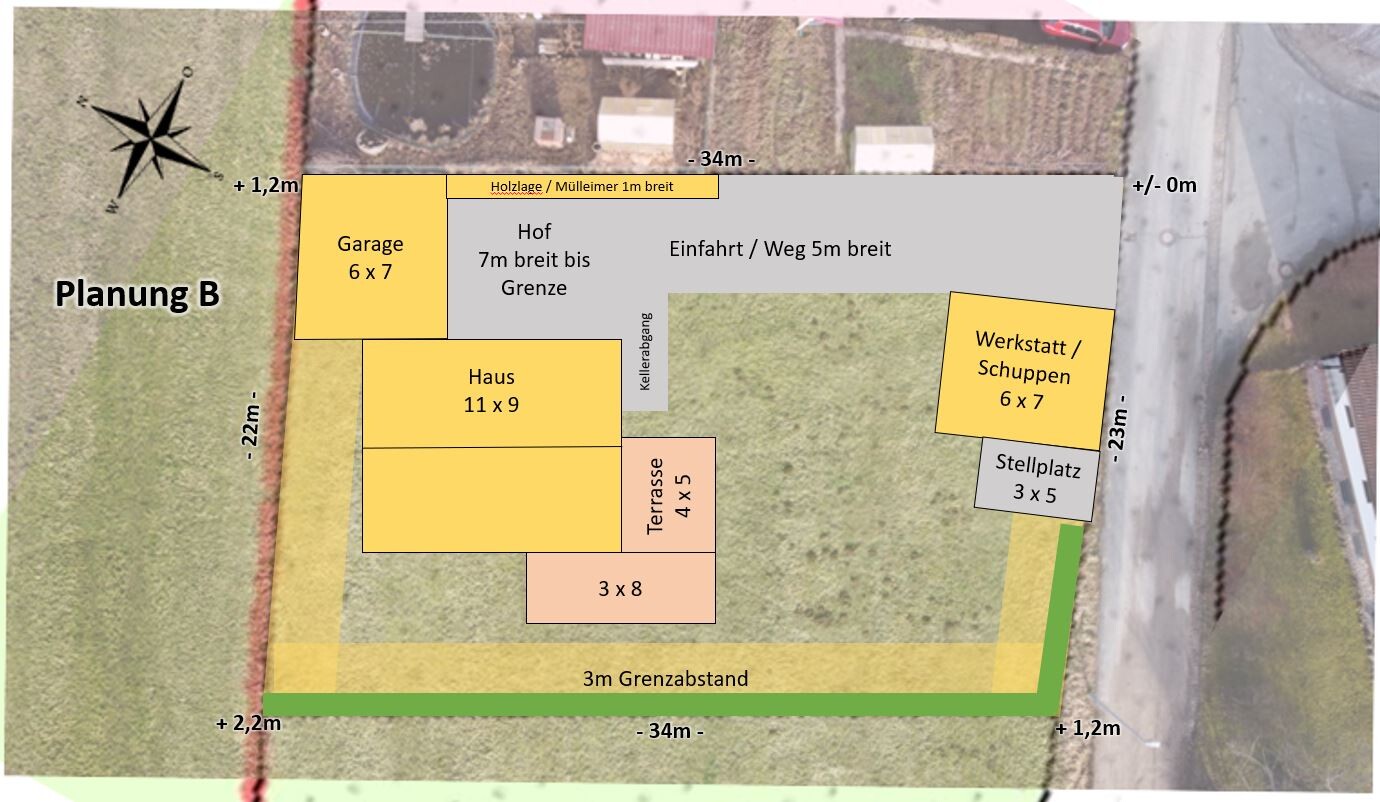 Aerial site plan of plot with garage, house, terrace, workshop, and parking space.