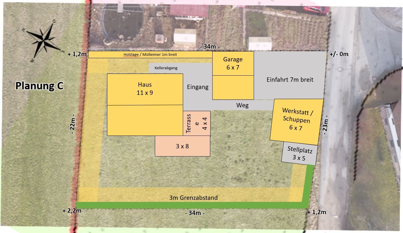 Plan C: Floor plan with house 11x9 m (36x30 ft), garage 6x7 m (20x23 ft), workshop 6x7 m (20x23 ft), driveway, terrace 4x4 m (13x13 ft), parking space 3x5 m (10x16 ft)