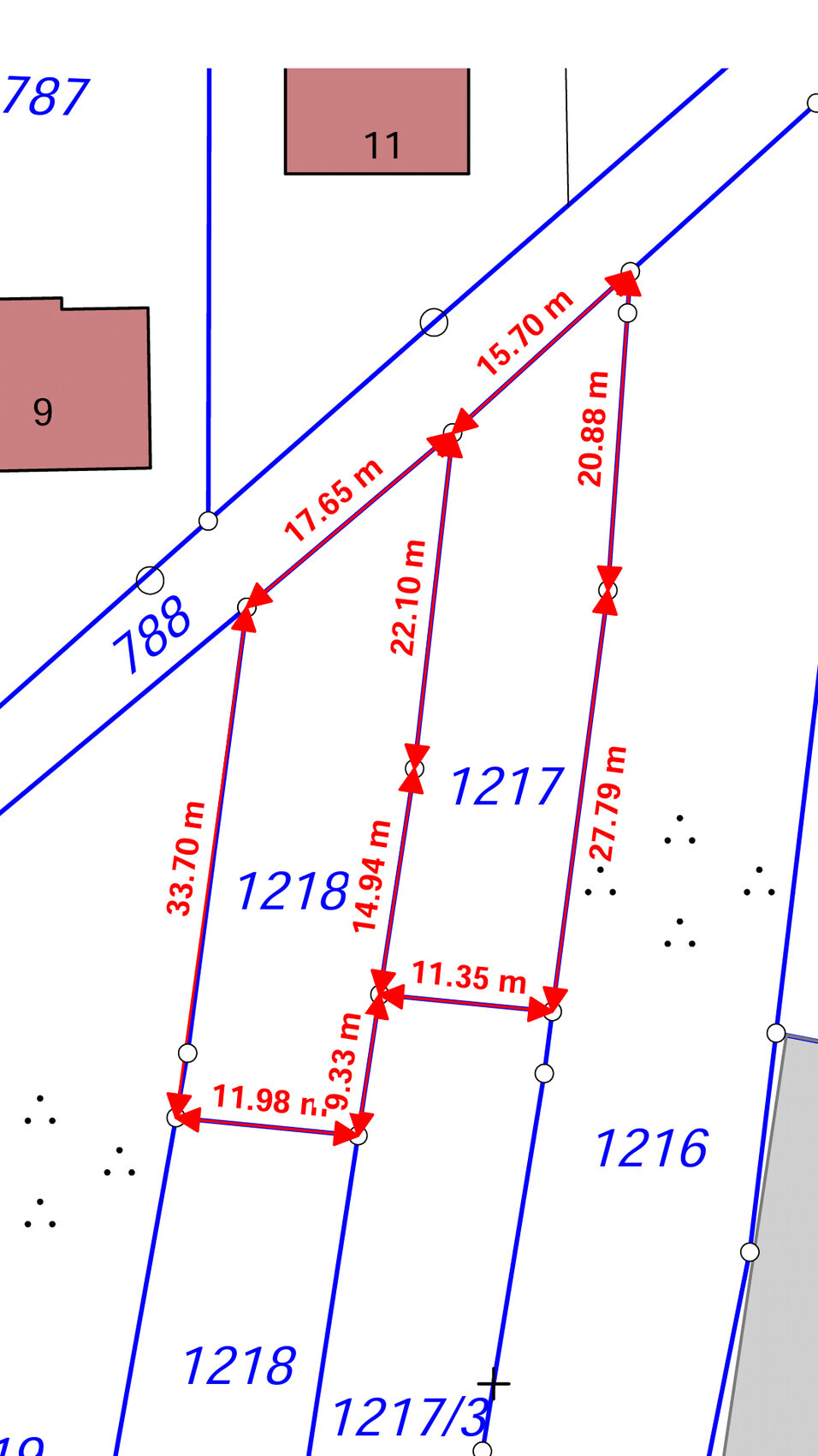 Survey map: Blue plot boundaries, red distance lines between parcels 1216–1218.