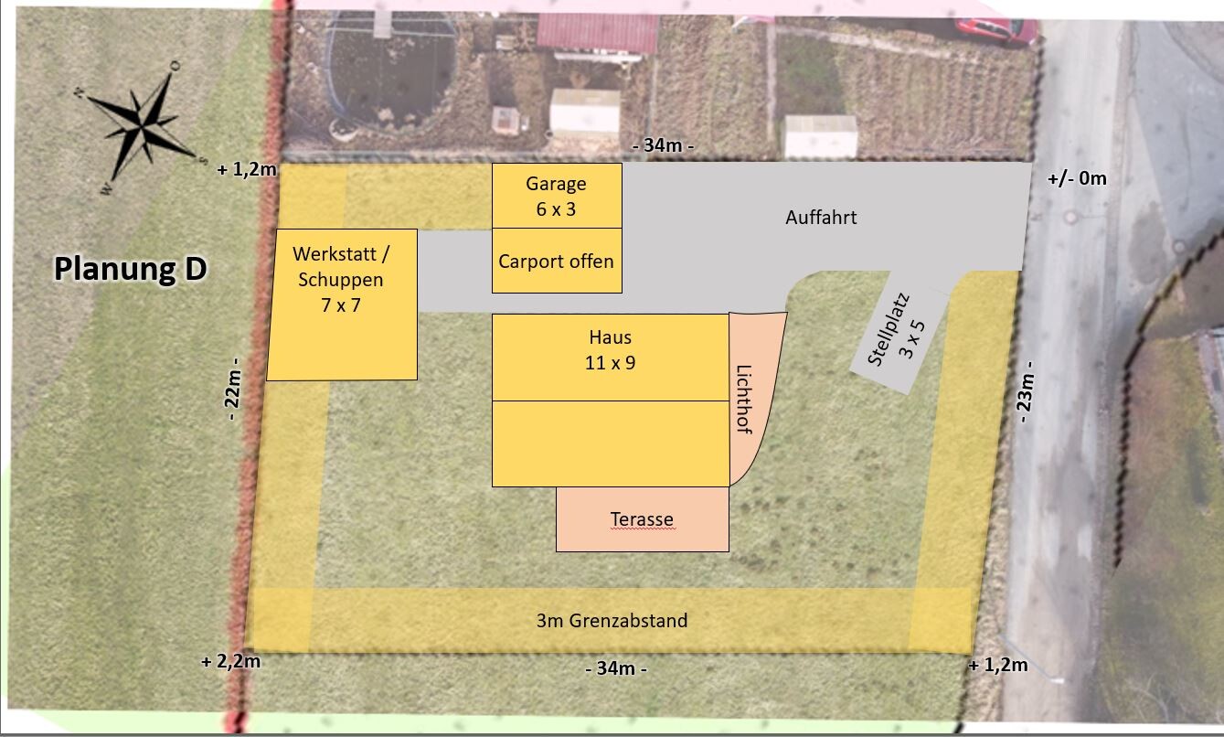 Planung D: Grundstück mit Haus (11x9), Garage, Werkstatt, Carport, Terrasse, Stellplatz und Auffahrt.