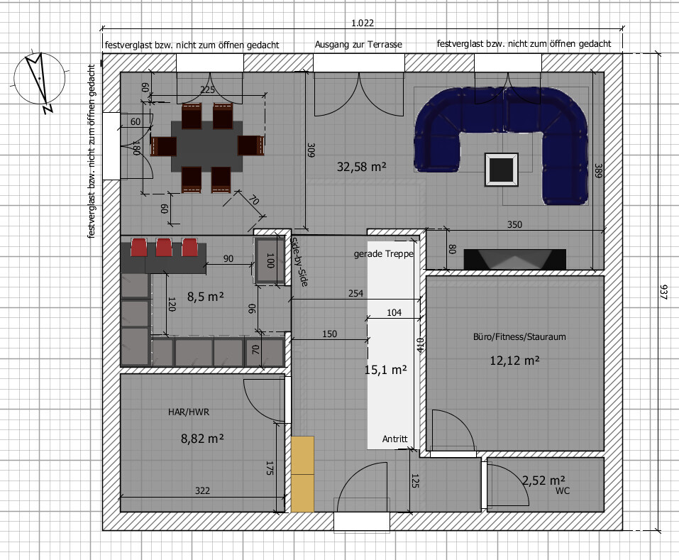 Floor plan of an office building with stairs, restroom, terrace, and seating area
