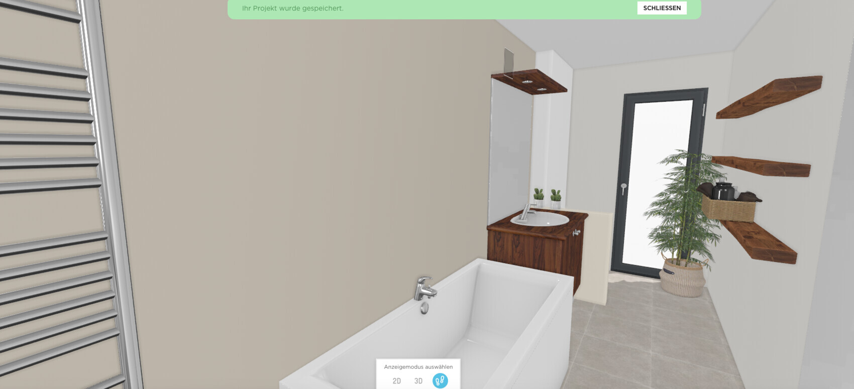 Bright bathroom: bathtub, washbasin with mirror, wooden shelves, potted plant, glass door.