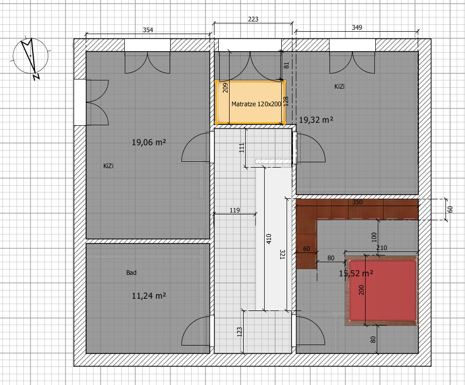 Floor plan of an apartment: two children’s rooms, bathroom, hallway, marked mattress 120x200.