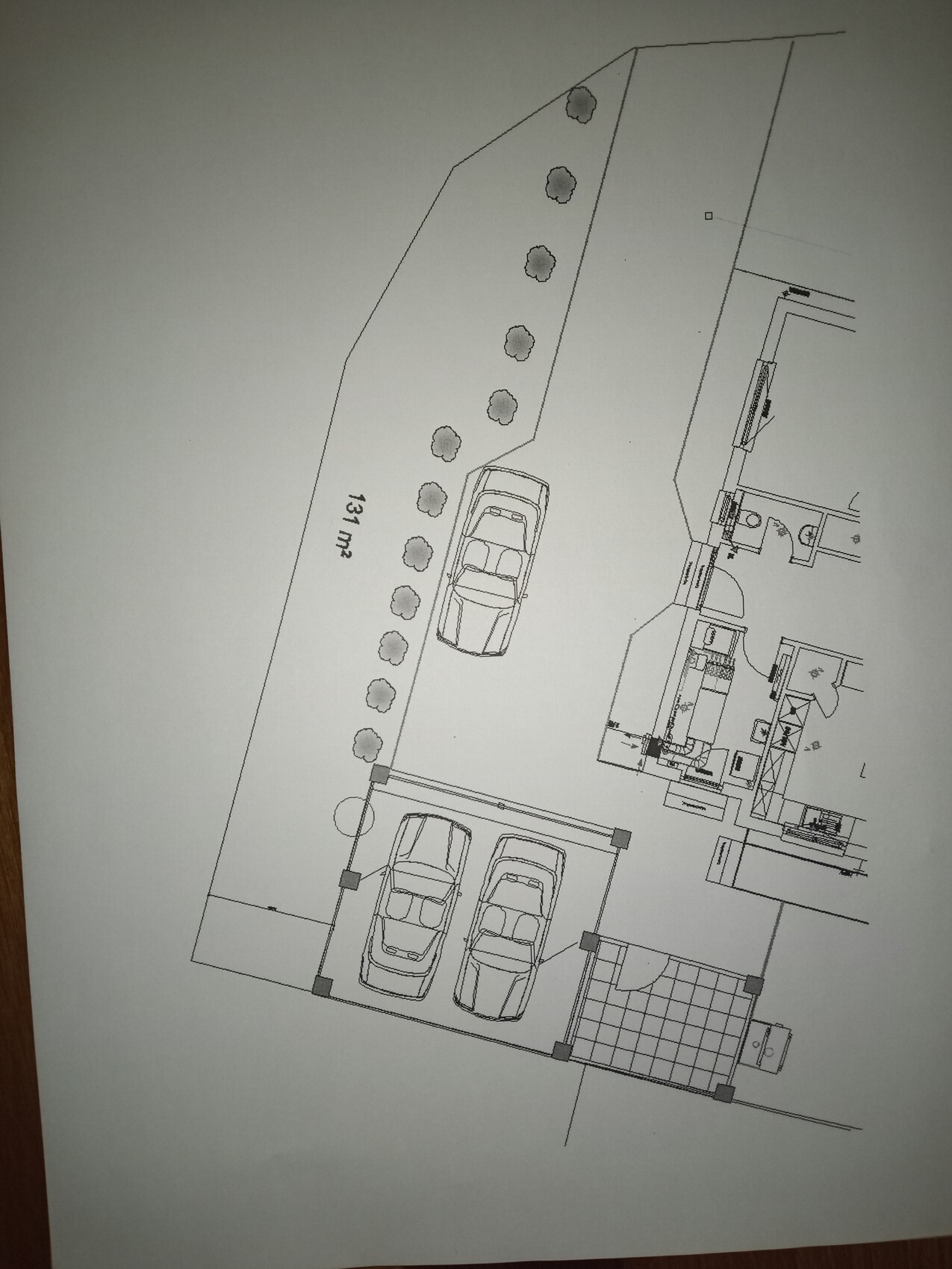 Site plan of a property with parking spaces, tree planting, and building footprint