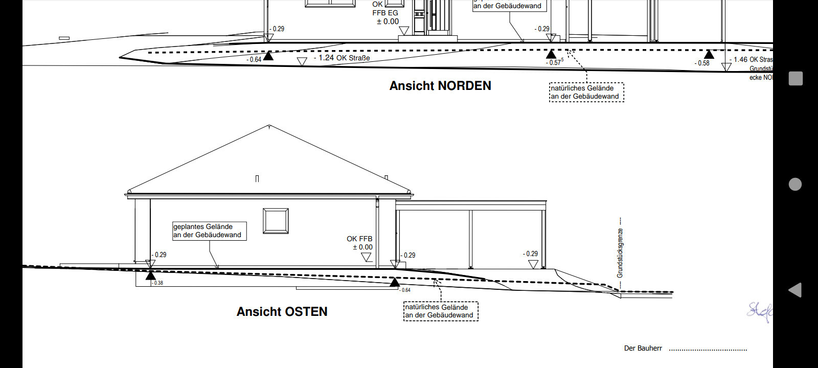 North and east view of a building with roof, windows, and terrain contours.