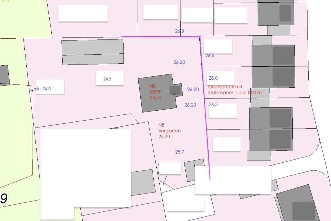 Site plan: pink parcels, gray buildings, blue dimensions, pink property boundary.