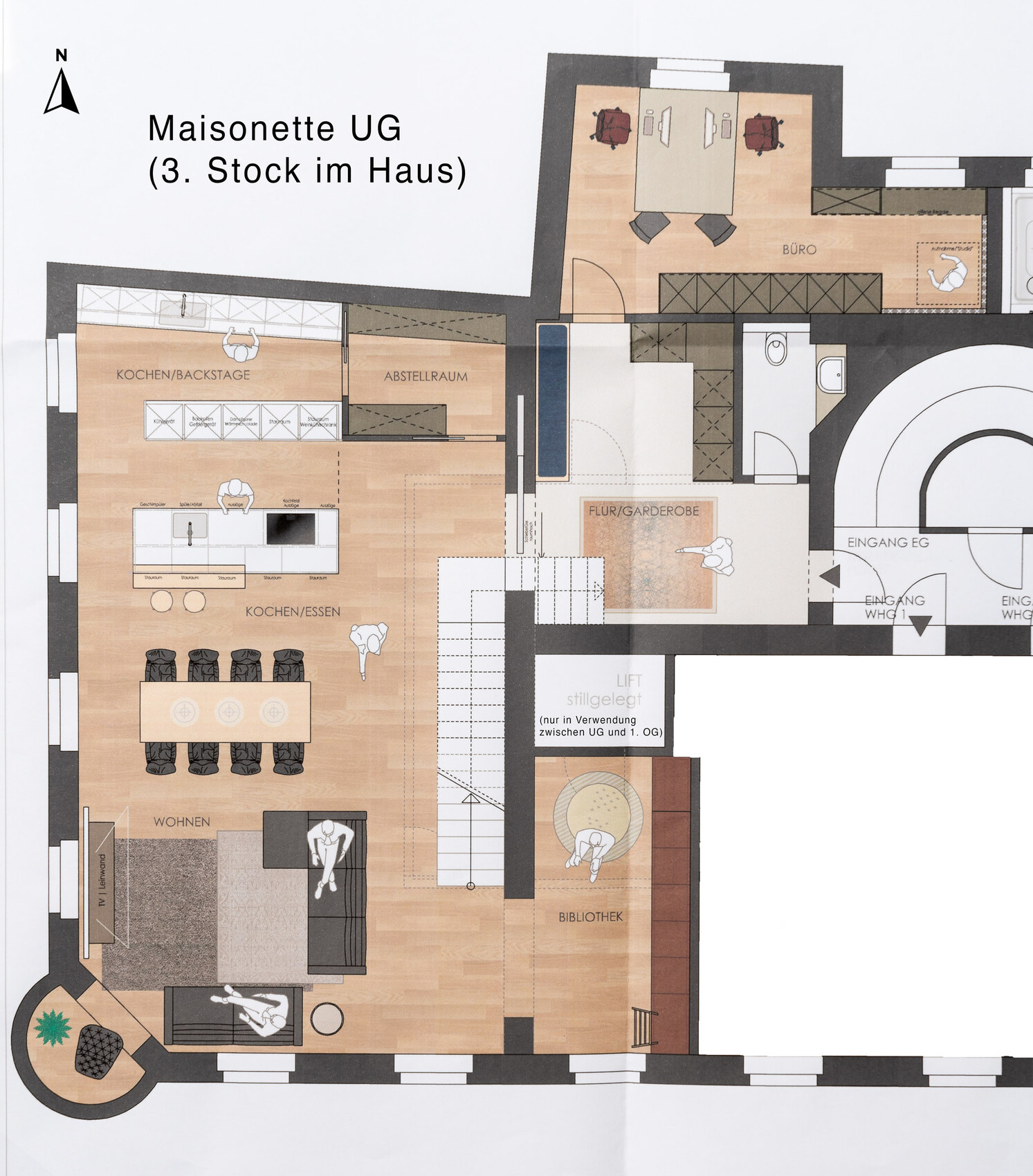 Floor plan of a maisonette (basement): kitchen, dining, living, library, office.