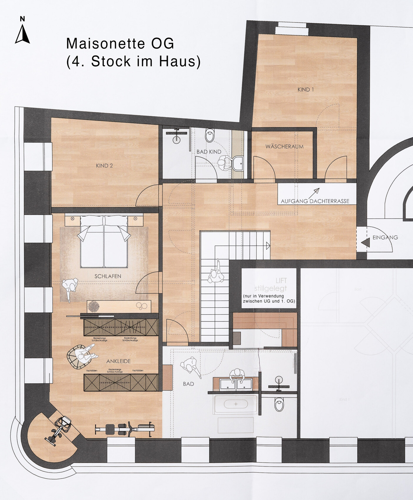 Upper floor plan: sleeping, dressing room, bathroom, child 1/2, laundry room, stairs, roof terrace access.