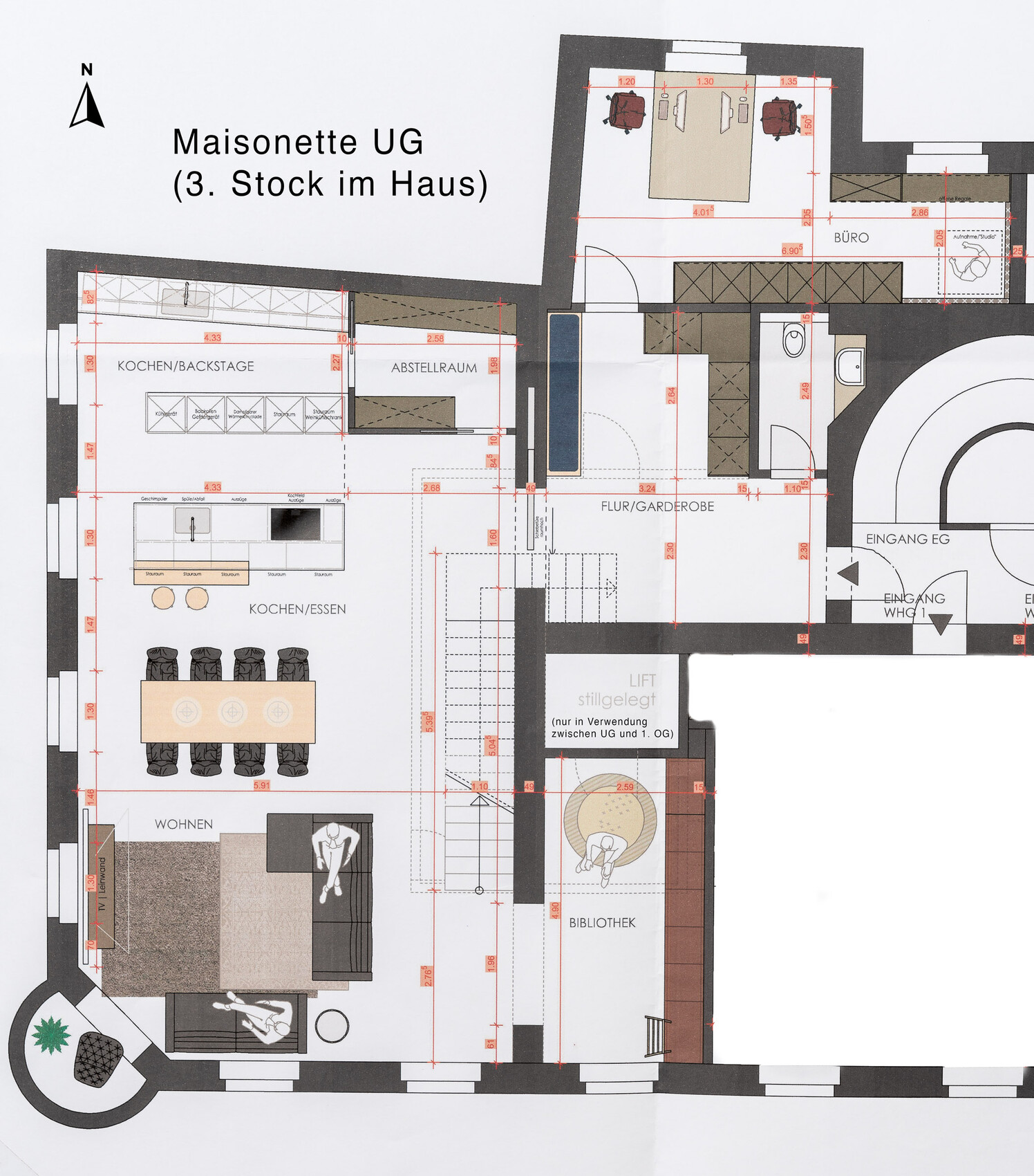 Floor plan of the maisonette basement, 3rd floor: kitchen/dining, living, library, office, elevator, entrances.