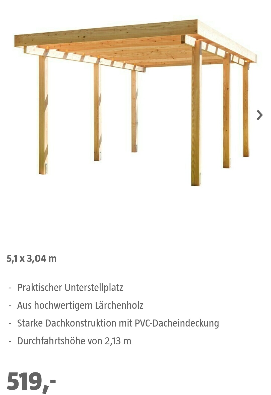 Wooden shelter made of larch wood with an open roof structure and four supports