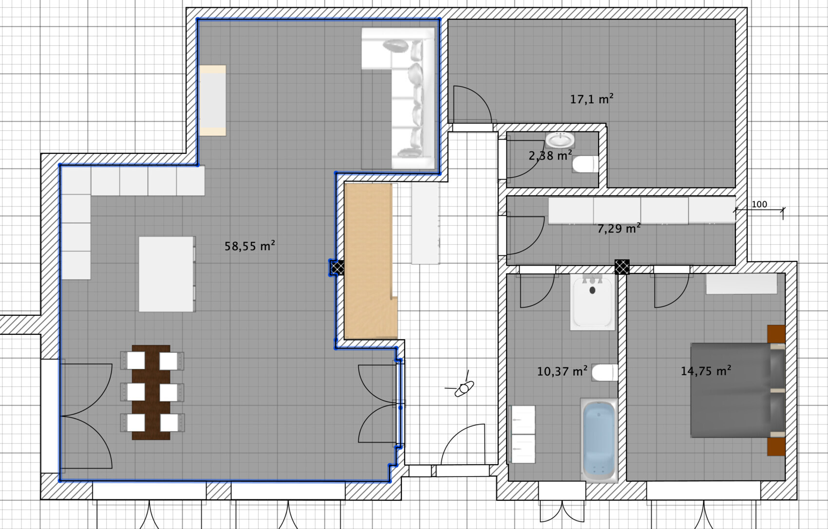 Floor plan of a house with open living/dining area, kitchen island, hallway, bathroom, and bedroom.
