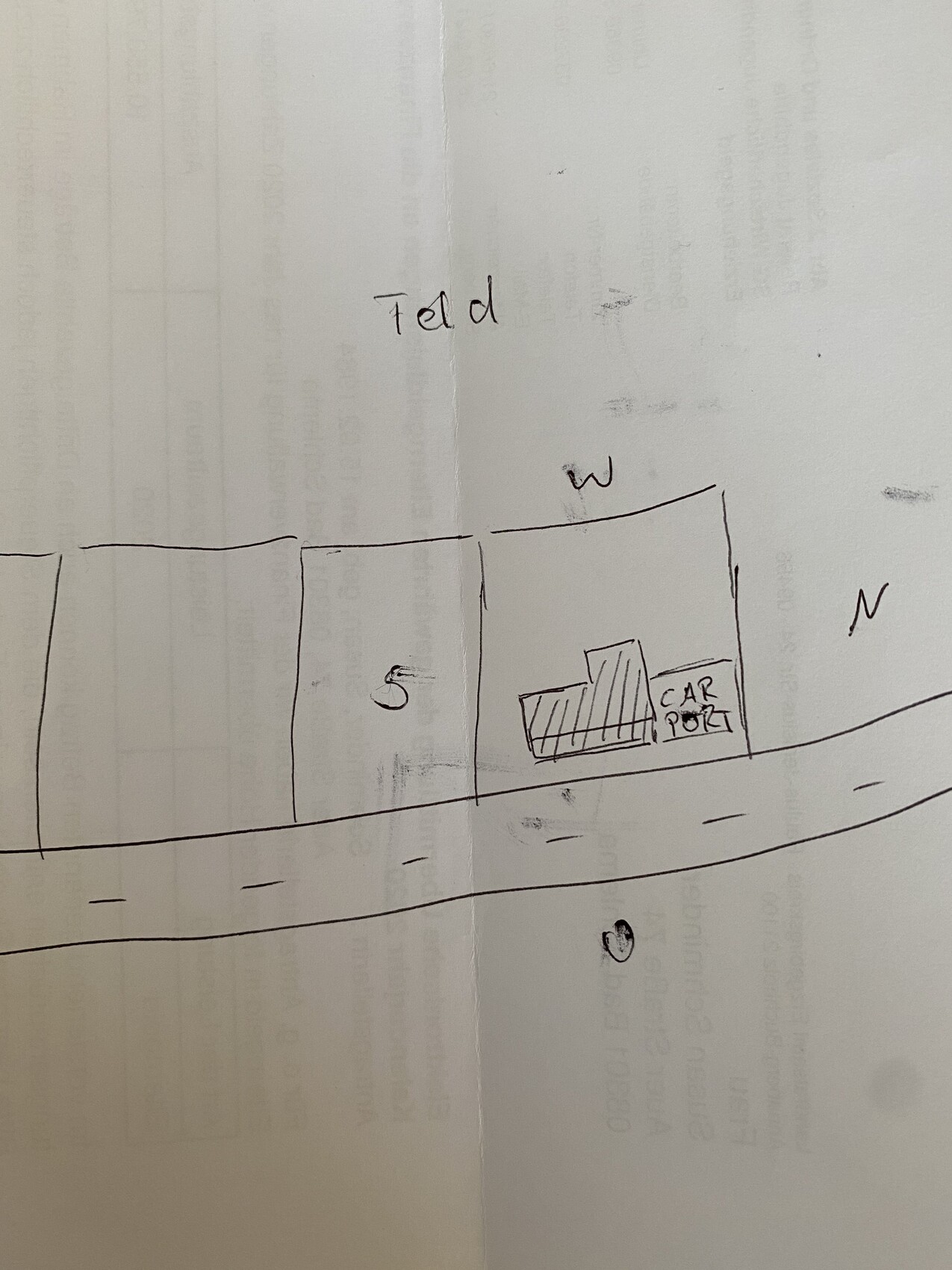 Sketch of a street scene with houses and carport in the foreground