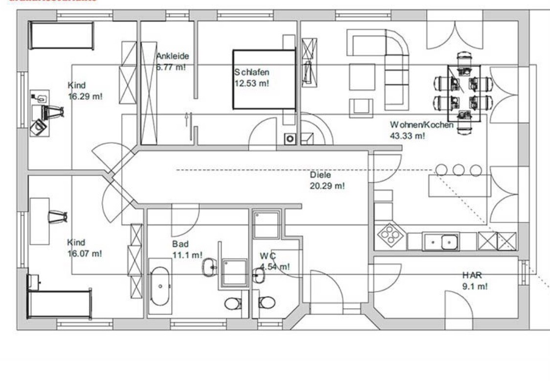 Grundriss einer Wohnung: Wohnen/Küche, Schlafen, Ankleide, Kinderzimmer, Bad, WC, Diele, HAR.