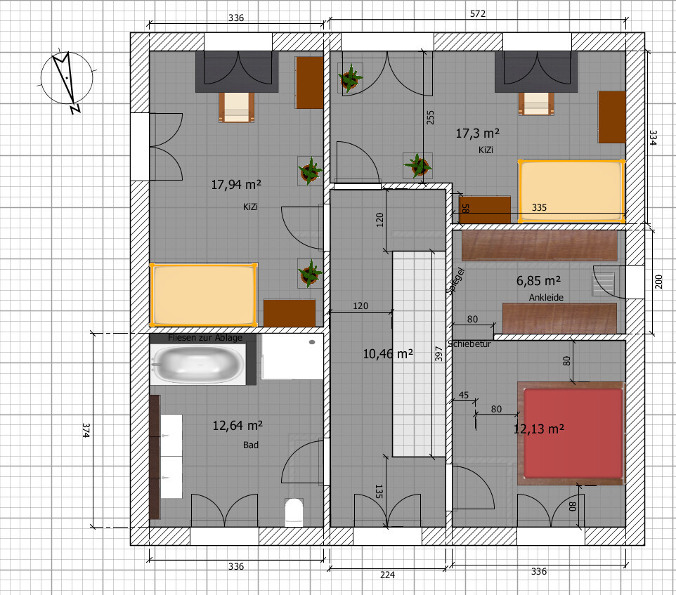 Floor plan of a house: two children’s rooms, bedroom, bathroom, hallway, walk-in closet, and furniture.