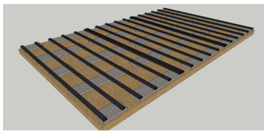 Wooden slatted base: wooden frame with many black slats, mattress not present.