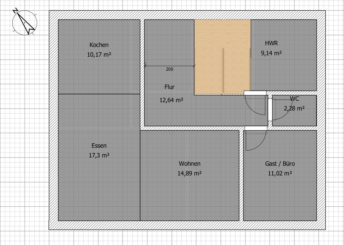 Floor plan of a house with kitchen, dining, living, guest/office, hallway, utility room, and WC.
