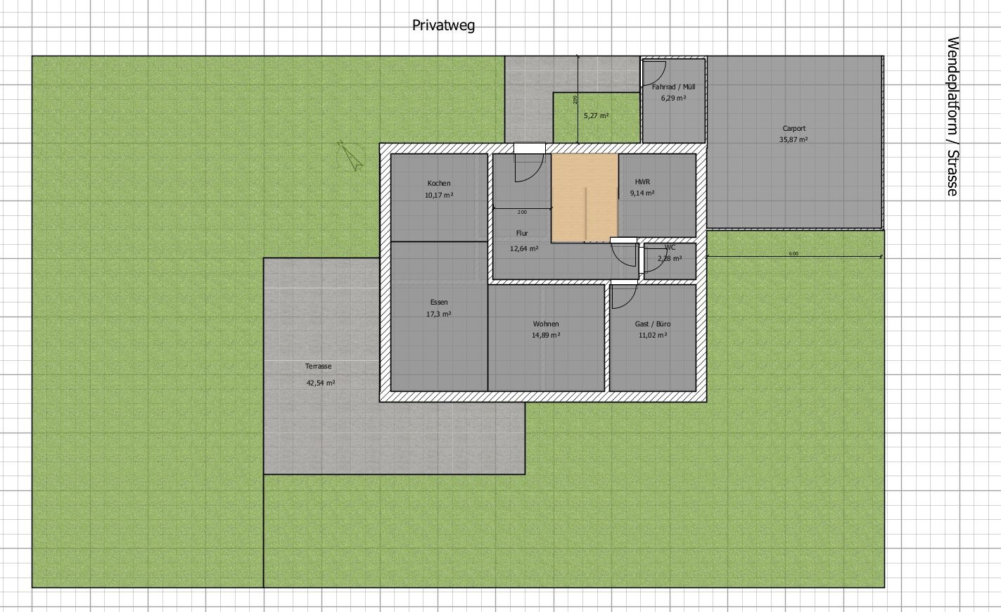 Floor plan of a house with kitchen, dining, living, hallway, utility room, WC, guest room, terrace, and carport.