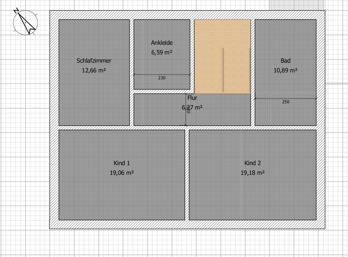 Floor plan of a house: bedroom, dressing room, bathroom, hallway, and two children's rooms.