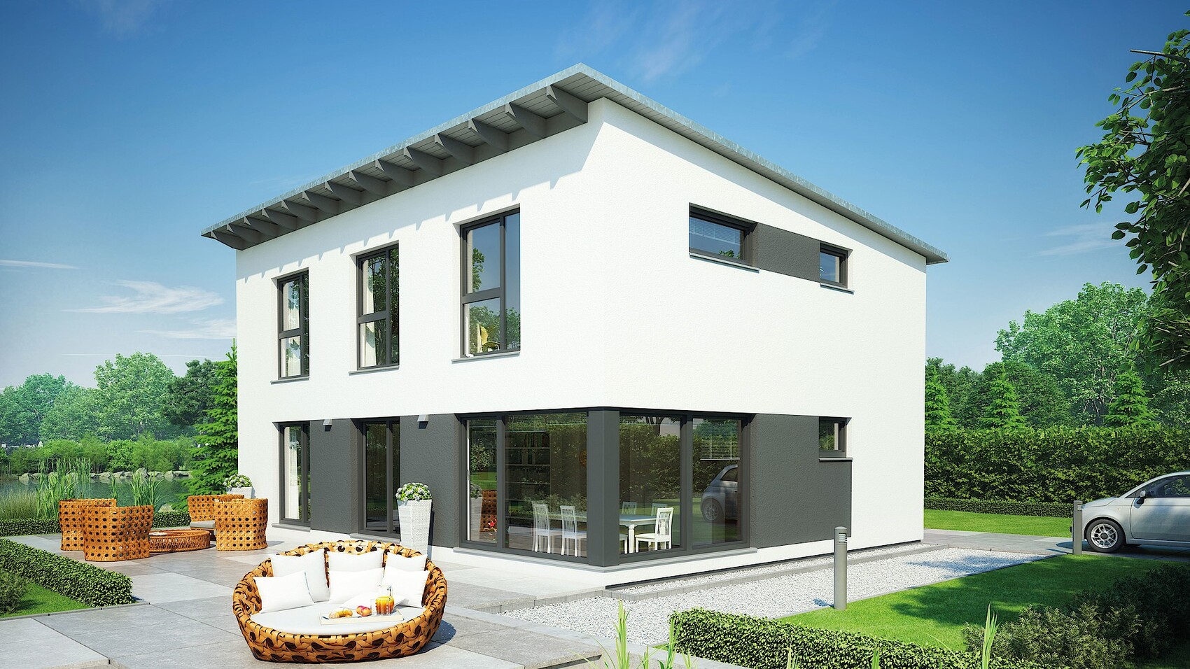 Modern two-story white villa with large glass fronts, terrace with wicker chairs, garden, and car.