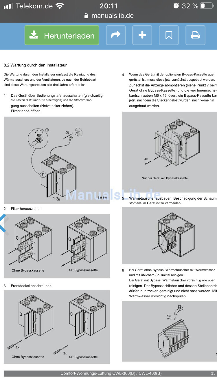 Diagrams for heat exchanger maintenance: shutdown, filter replacement, front cover.