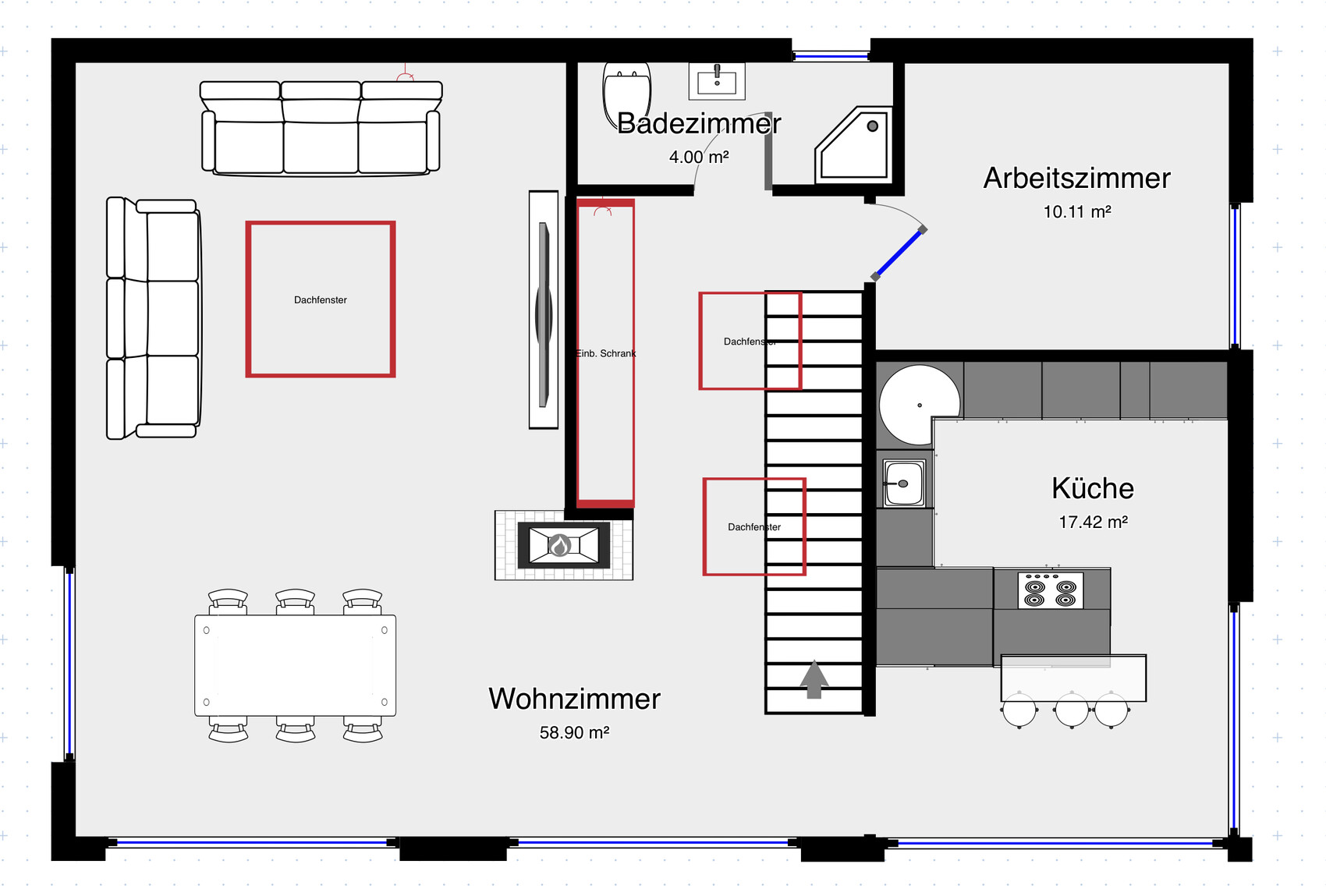2D floor plan of a house with living room, kitchen, office, and bathroom